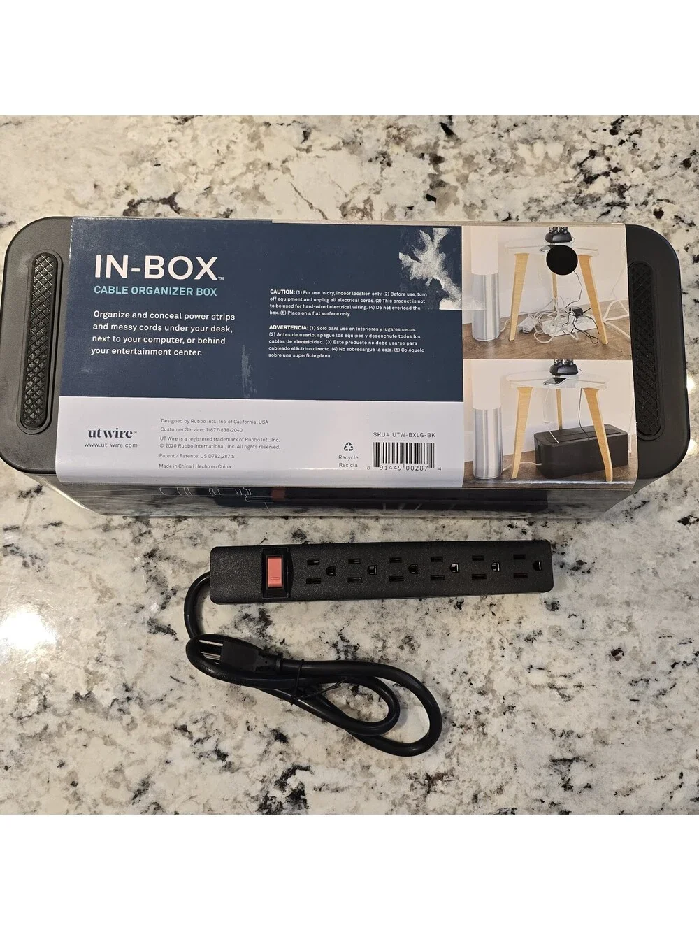 UT Wire Cable Management Box in Black with 6-Outlet Power Strip, New
